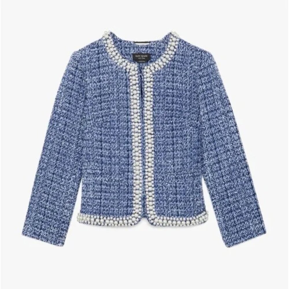 ♠️ Kate Spade Gabrielle Pearl Jewel Collar Tweed Blazer Jacket, French Navy Blue